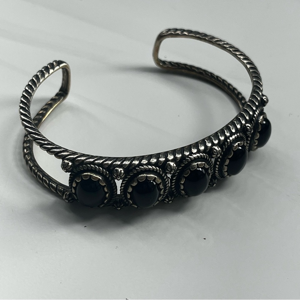 Sterling‎ Silver Black Agate 5-Stone Rope Design Cuff Bracelet